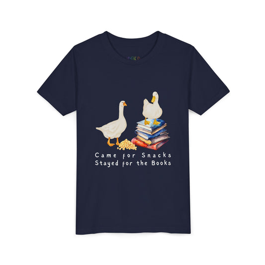 Navy blue t-shirt with cartoon ducks, snacks, books and text 'Came For Snacks Stayed For The Books'