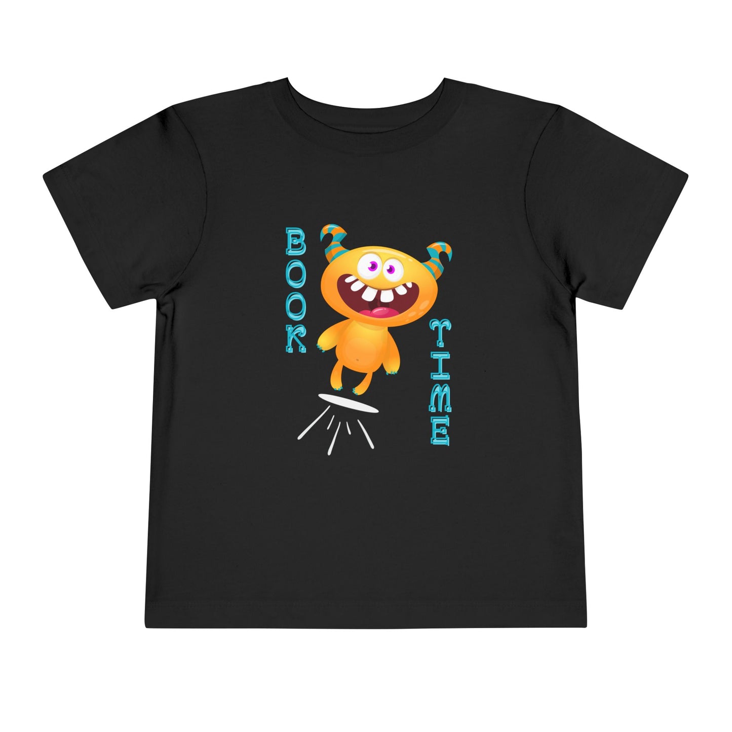 Black toddler t-shirt with a jumping cartoon monster design and text 'BOOK TIME'