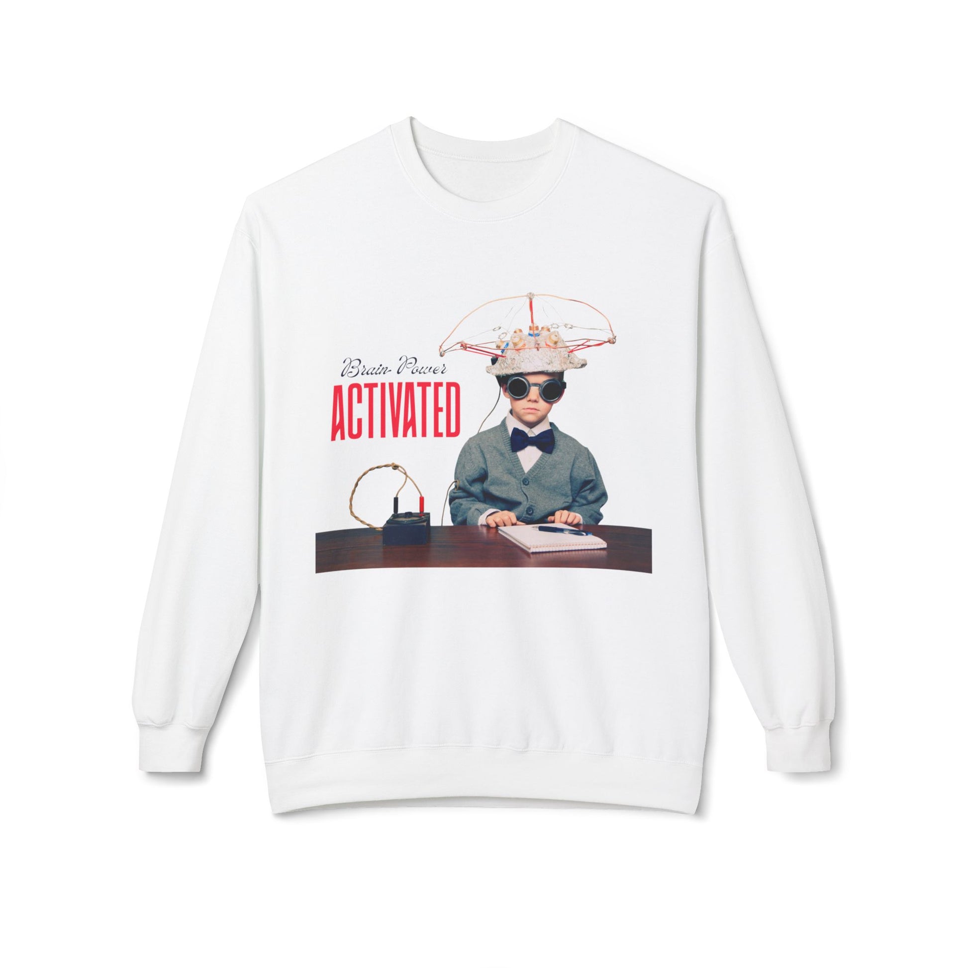 White sweatshirt with a curious kid inventor and text 'Brain Power ACTIVATED'