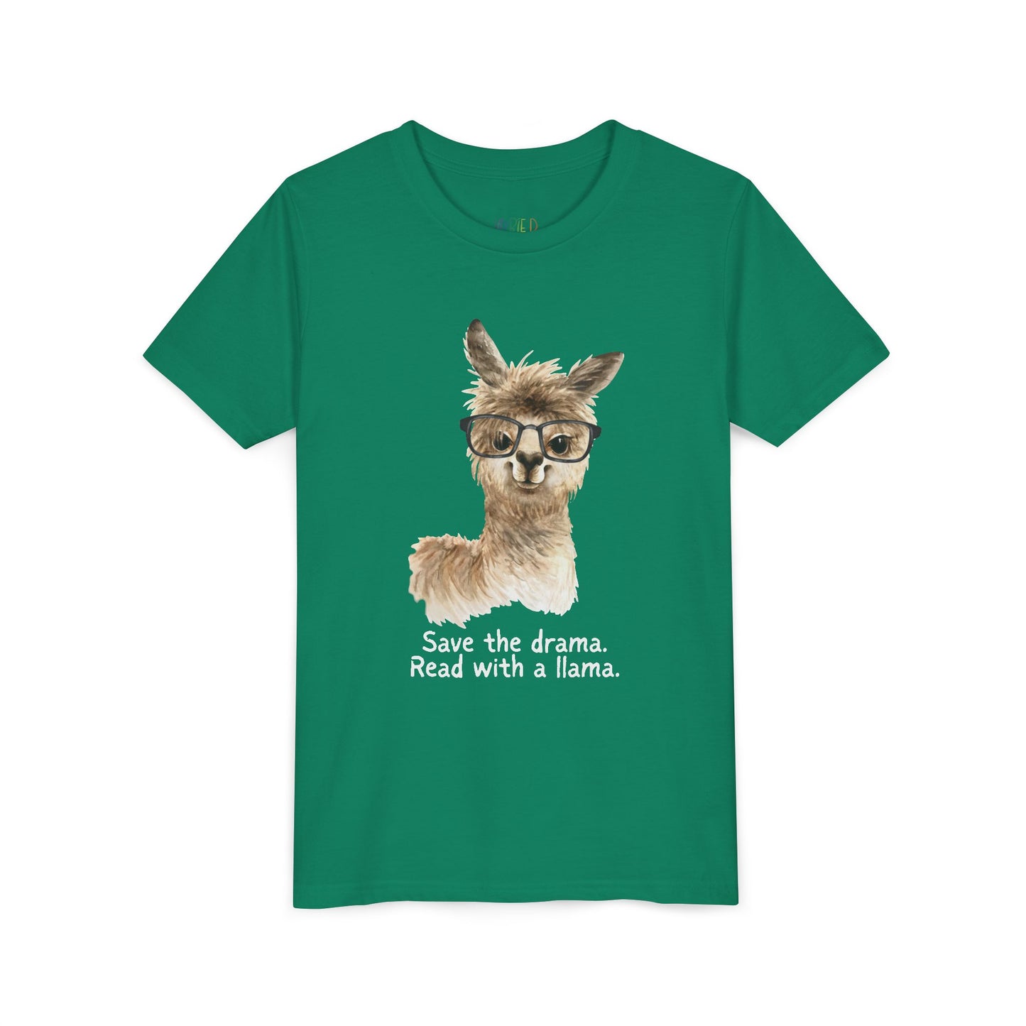 Green t-shirt with an eyeglass wearing llama and text 'Save the drama. Read with a llama.'