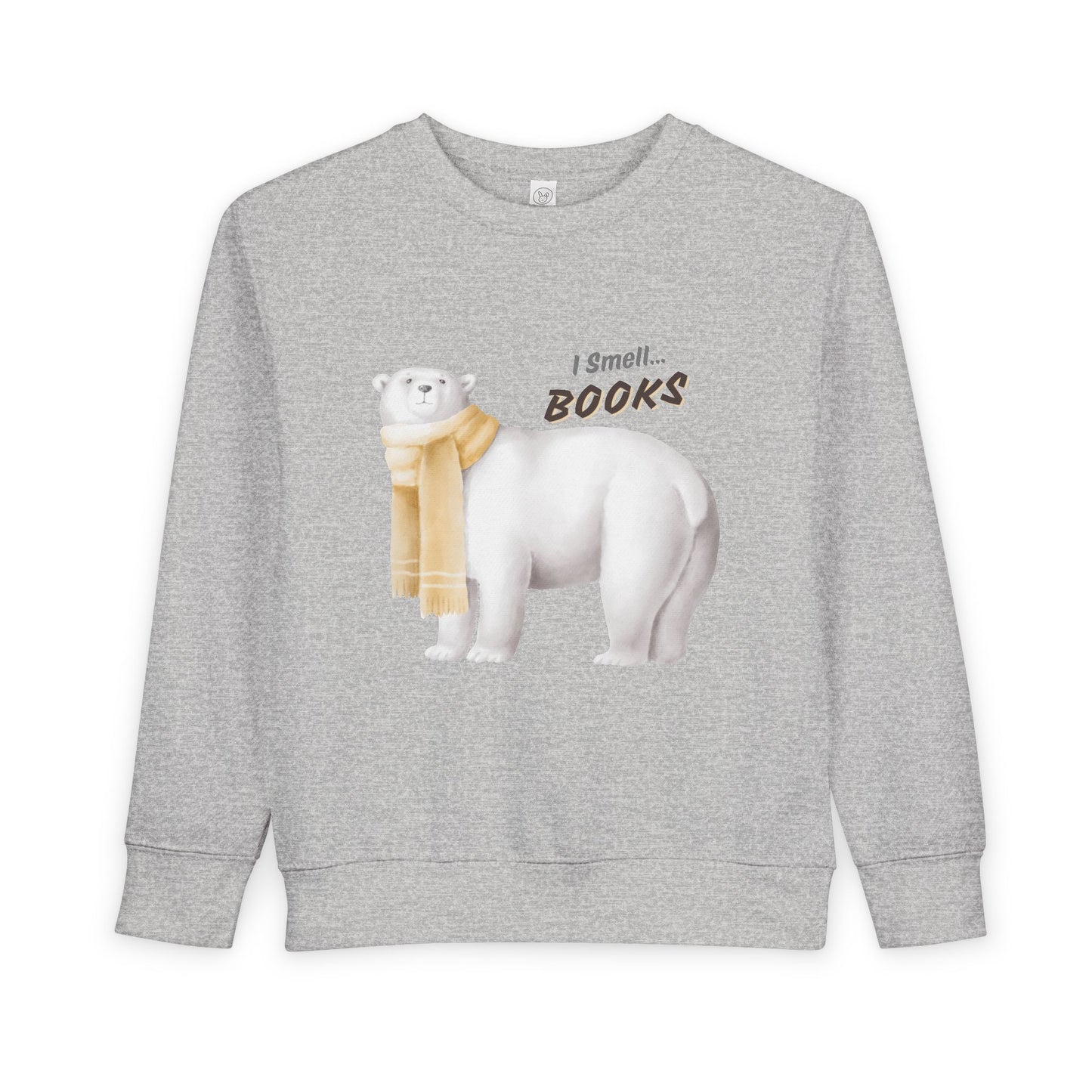Gray toddler sweatshirt with a polar bear graphic and 'I smell... books' text on a white background