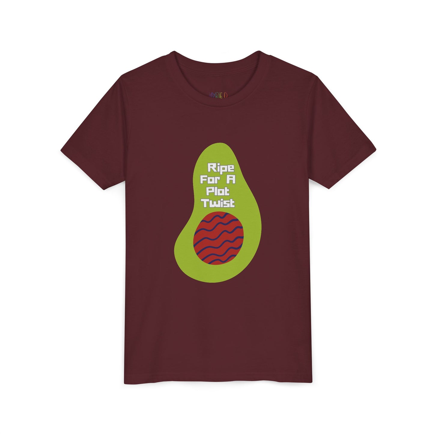 Maroon t-shirt with avocado graphic and text 'ripe for a plot twist'