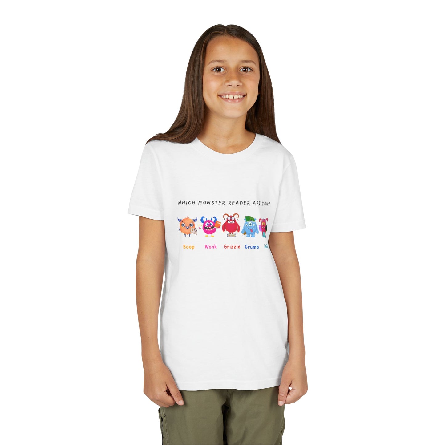 Girl wearing a white t-shirt with colorful monster and text 'Which Monster Reader Are You?'