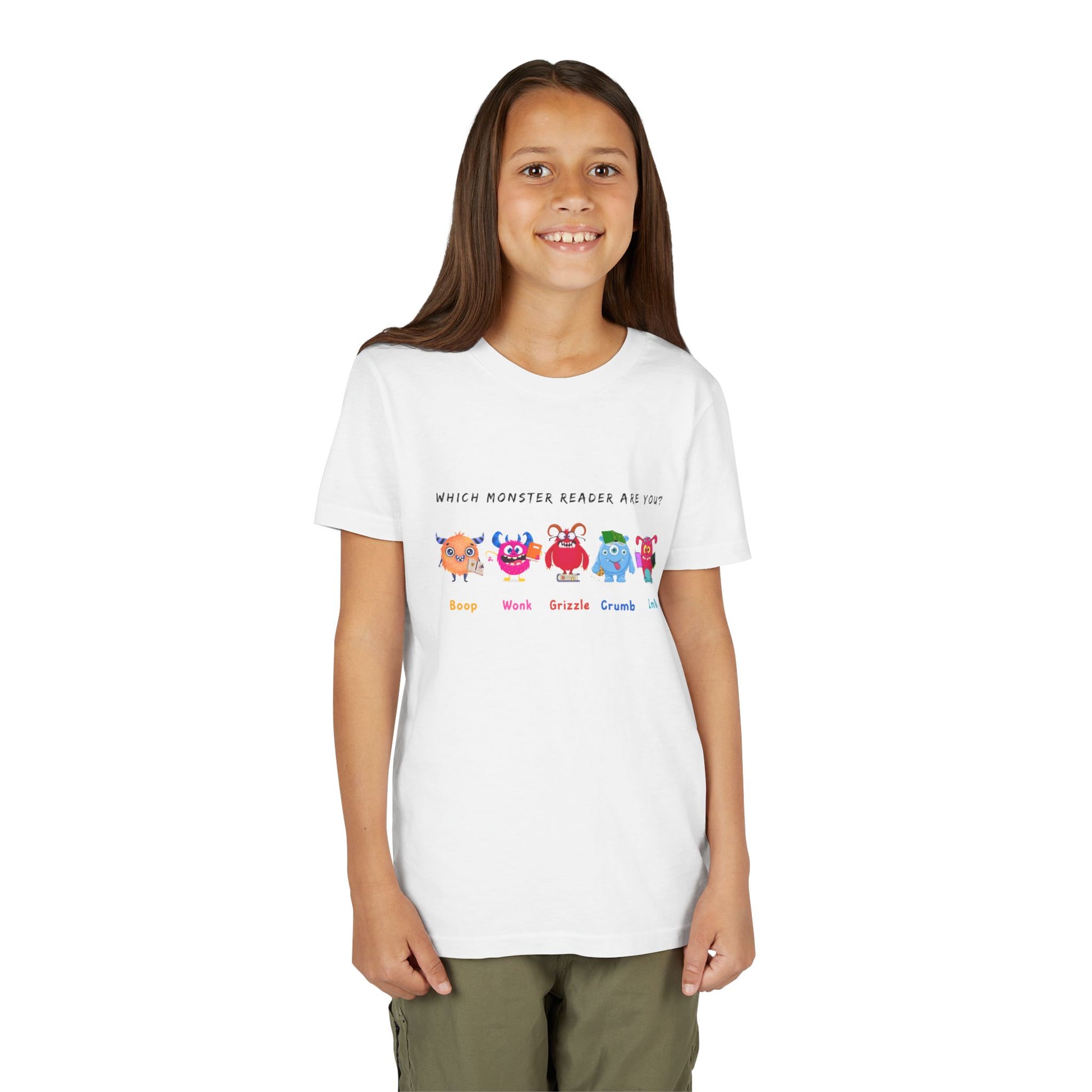 Girl wearing a white t-shirt with colorful monster and text 'Which Monster Reader Are You?'