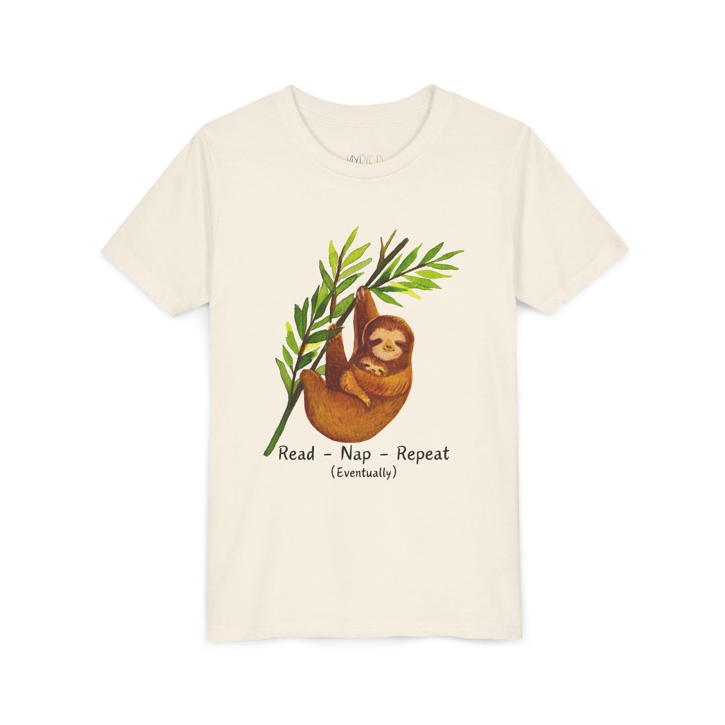 Beige sloth t-shirt with a and text 'Read. Nap. Repeat. (Eventually)'