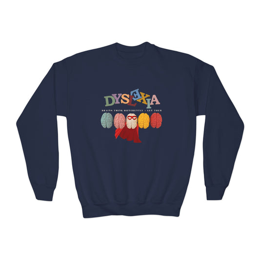 Youth Dyslexia Super Brain Sweatshirt – Brains Think Differently, Let Them!