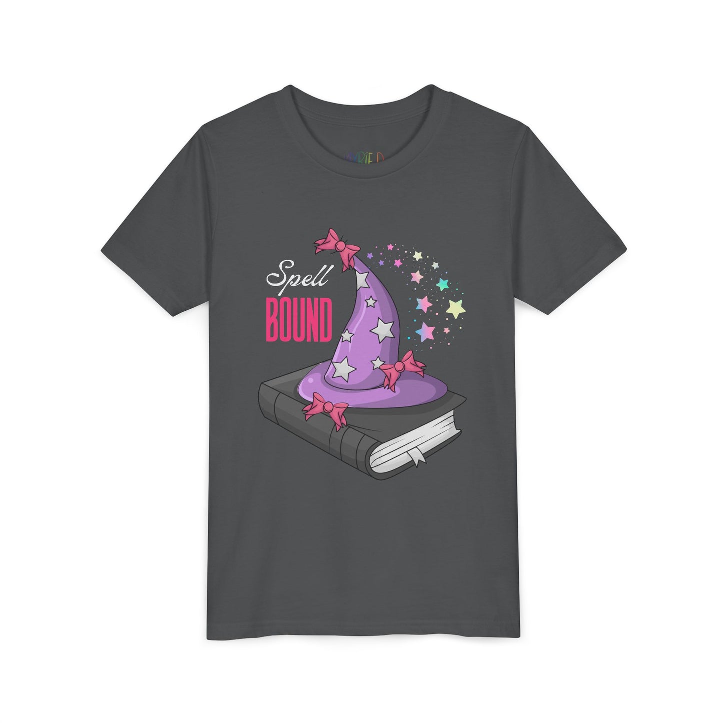Gray t-shirt with a sparkly purple witch hat on top of a book and text 'Spell Bound'  