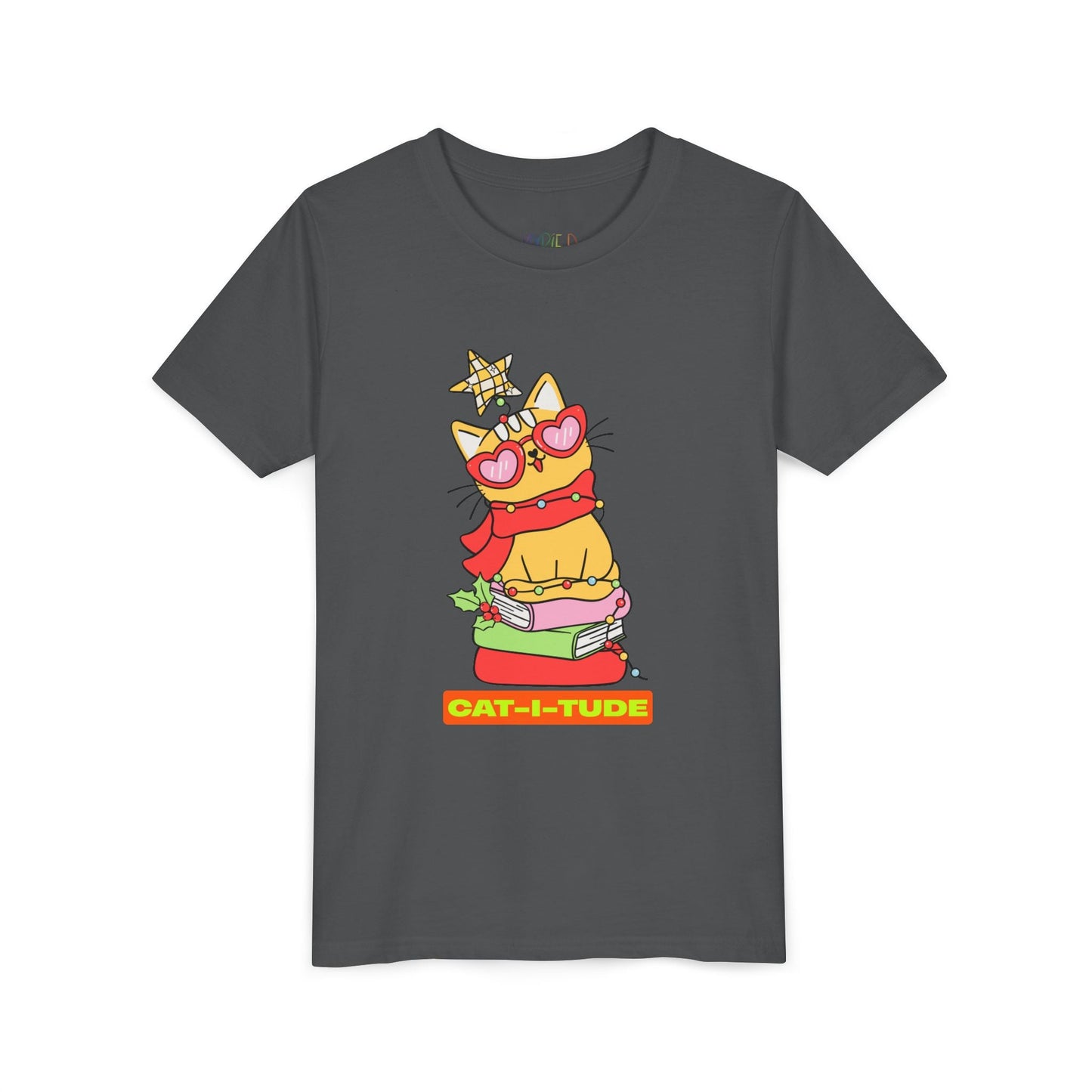Youth Cat-I-Tude T-Shirt â€“ Holiday Cat Reading Design Printify