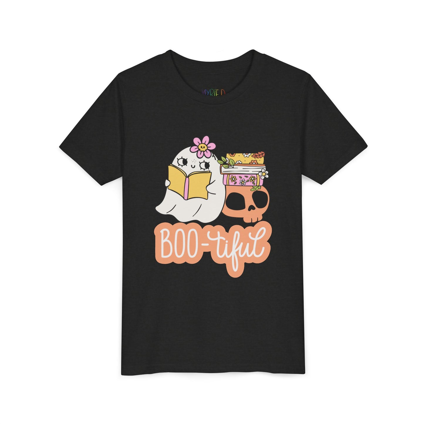 Youth Boo-tiful Halloween Tee – Cute Ghost & Books Design