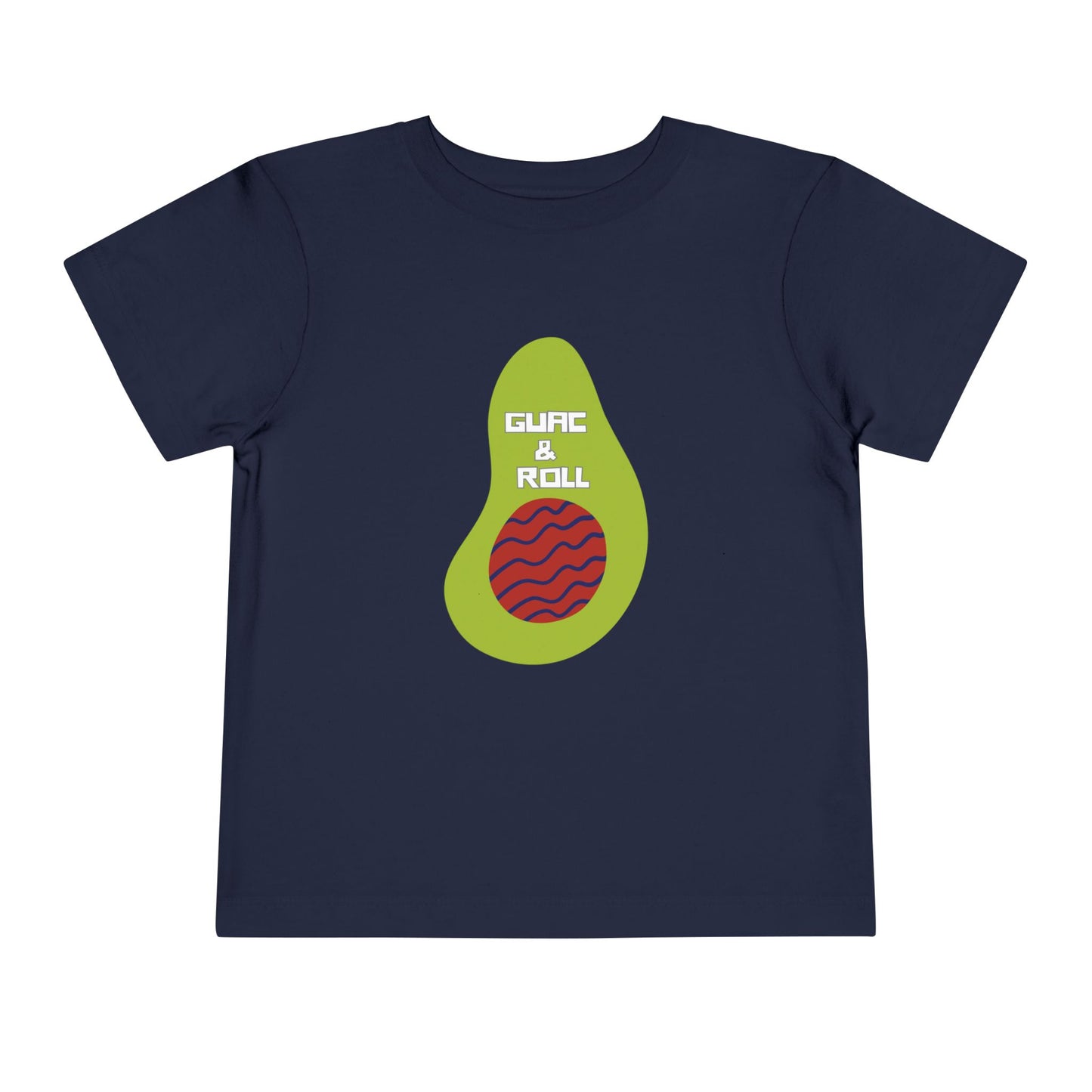 Navy blue t-shirt with avocado graphic and 'Guac & Roll' text 