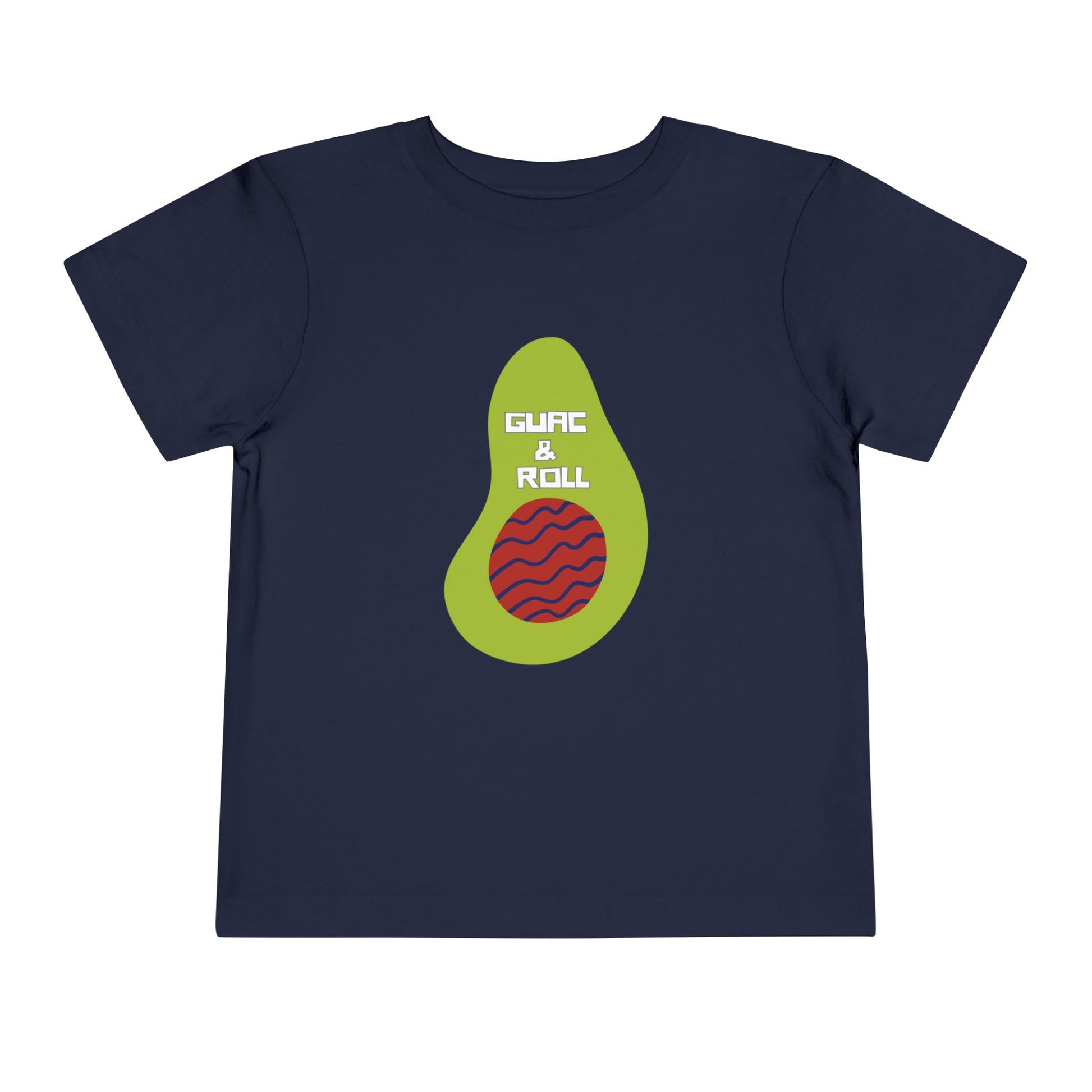 Navy blue t-shirt with avocado graphic and 'Guac & Roll' text 