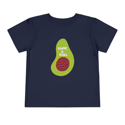 Navy blue t-shirt with avocado graphic and 'Guac & Roll' text 