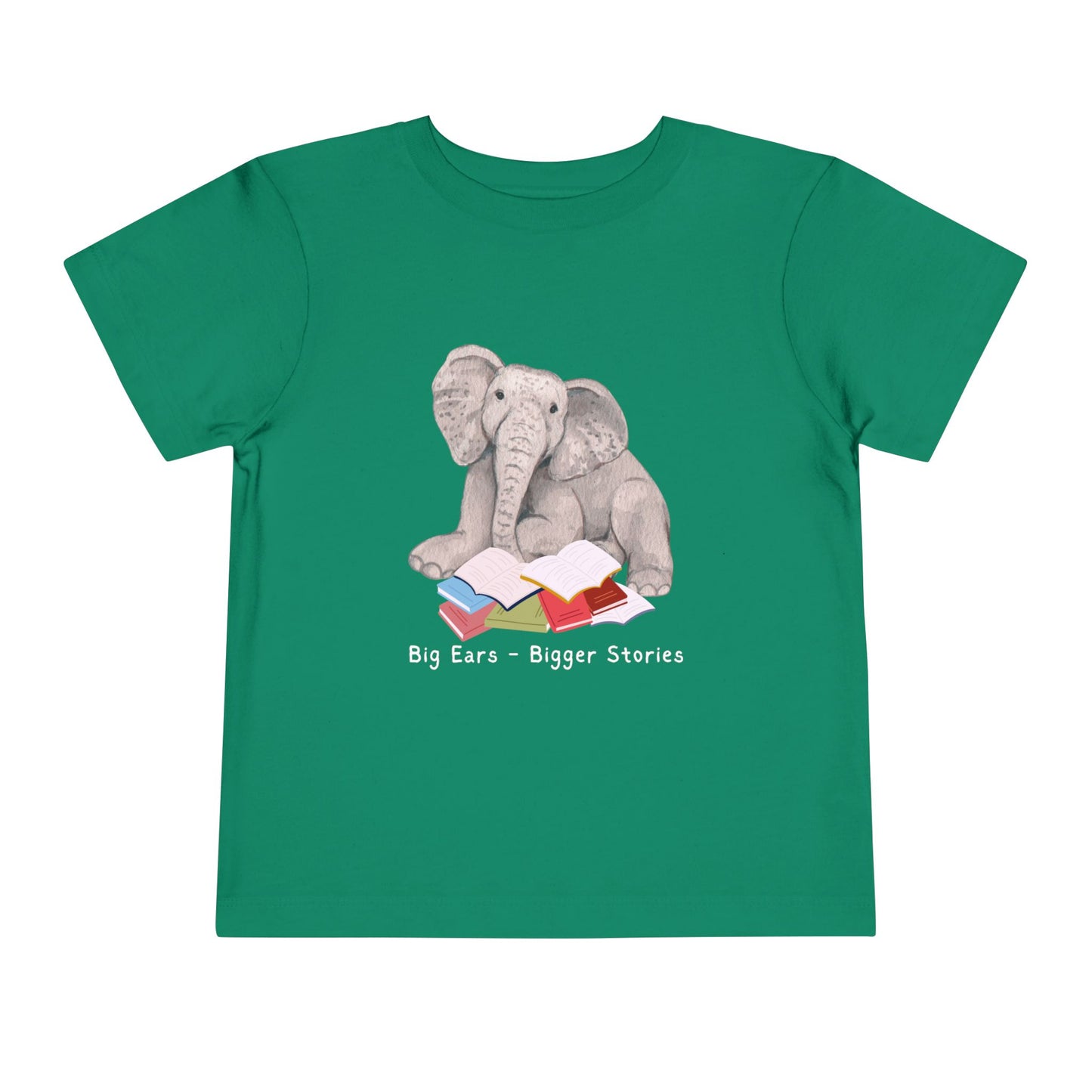Green t-shirt with an elephant reading a stack of books and text 'Big Ears - Bigger Stories' 