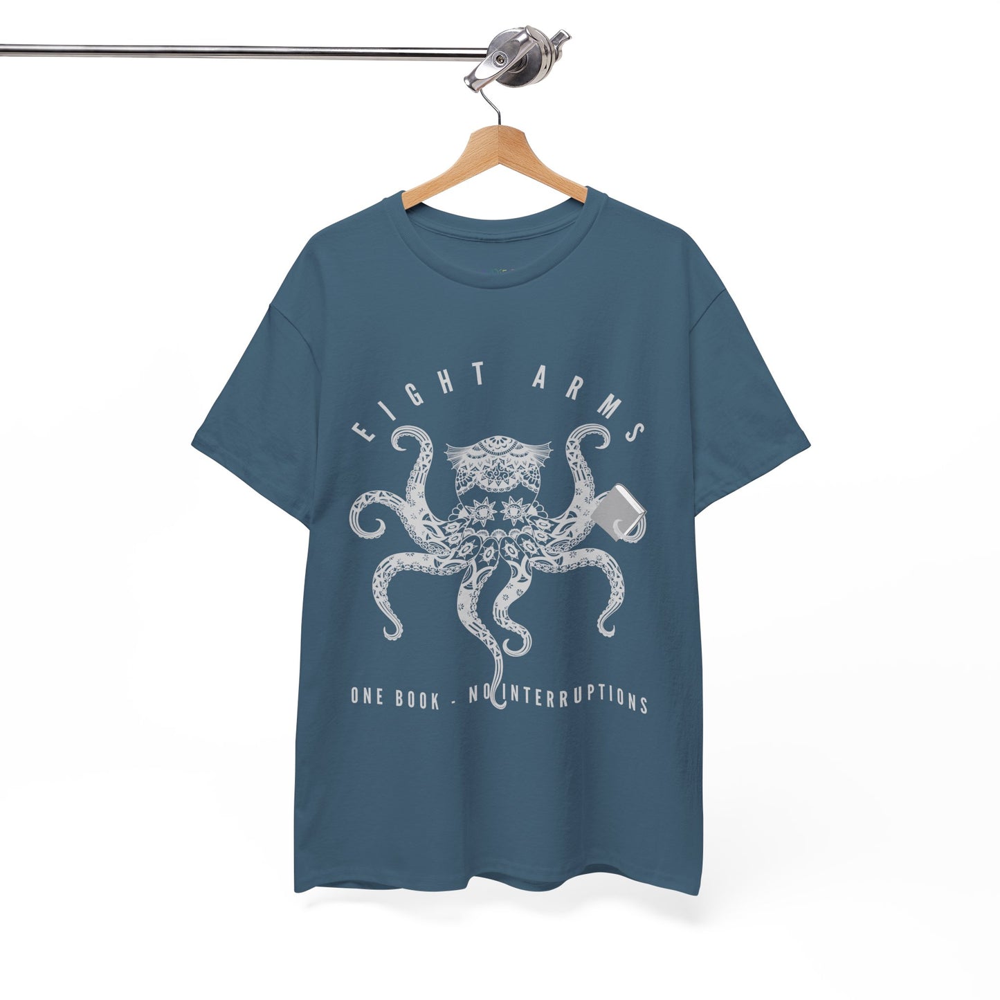 Teal t-shirt with an octopus design holding a book and text 'Eight Arms, One Book, No Interruptions'