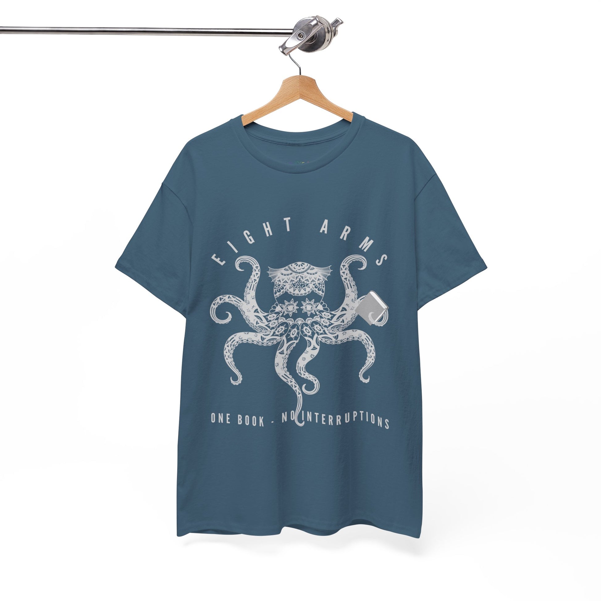 Teal t-shirt with an octopus design holding a book and text 'Eight Arms, One Book, No Interruptions'