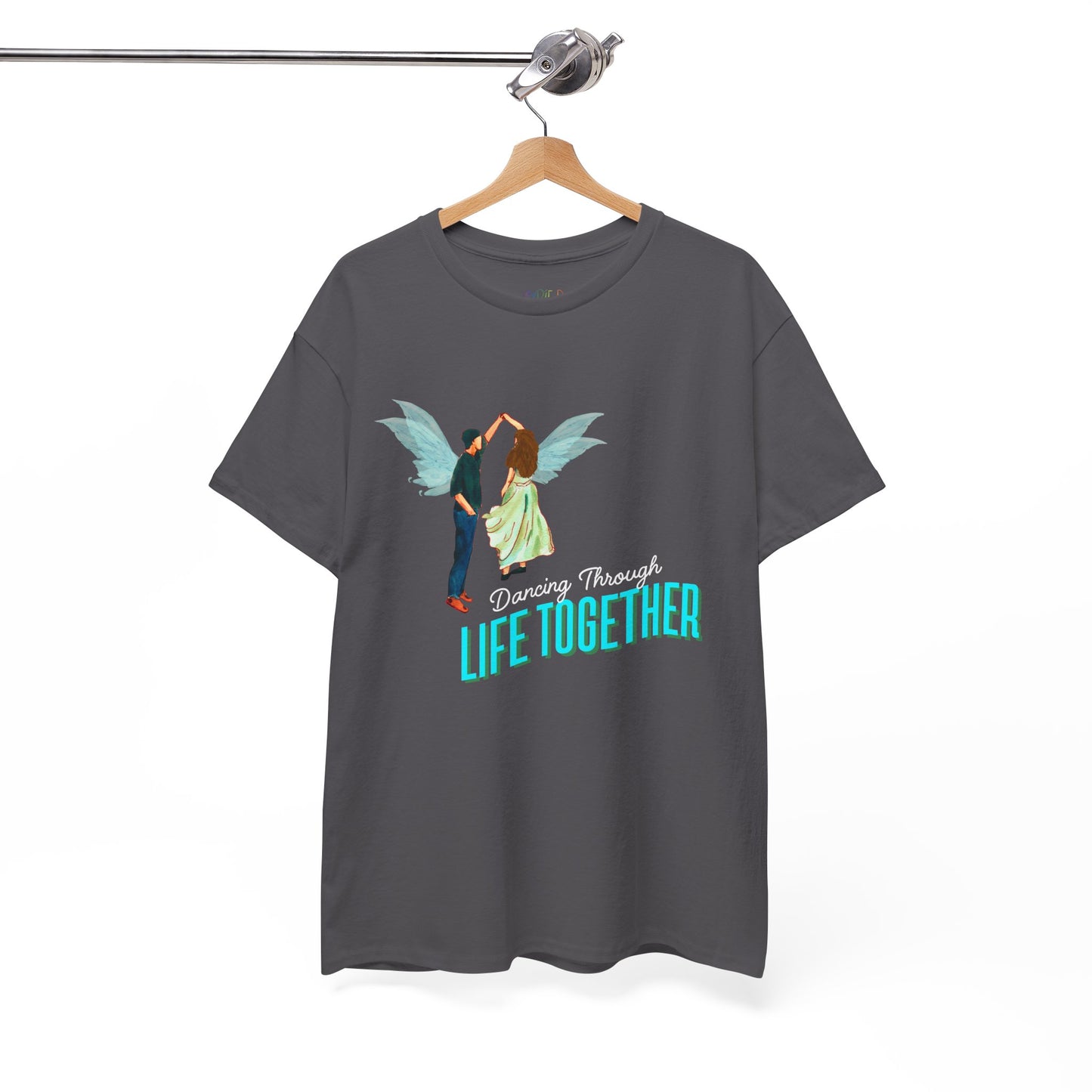 Gray t-shirt with two fairies dancing and text 'Dancing Through Life Together' 