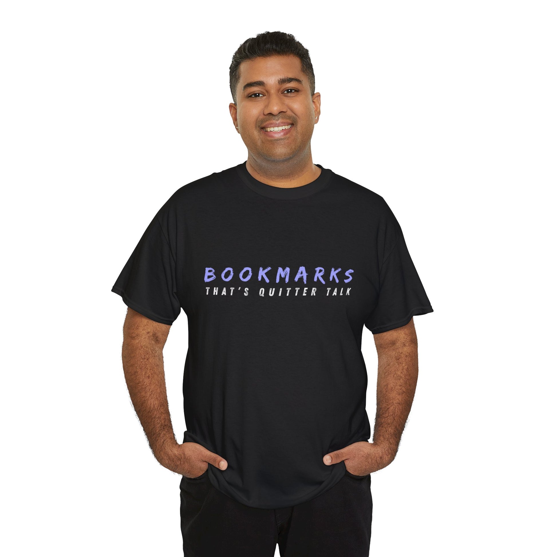 Man wearing a black t-shirt with 'BOOKMARKS THAT'S QUITTER TALK' text 