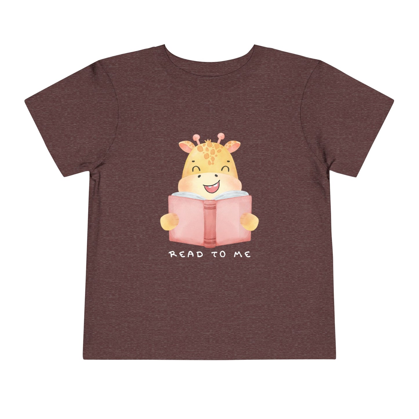 Maroon toddler t-shirt with a giraffe reading a book graphic and 'Read to Me' text 