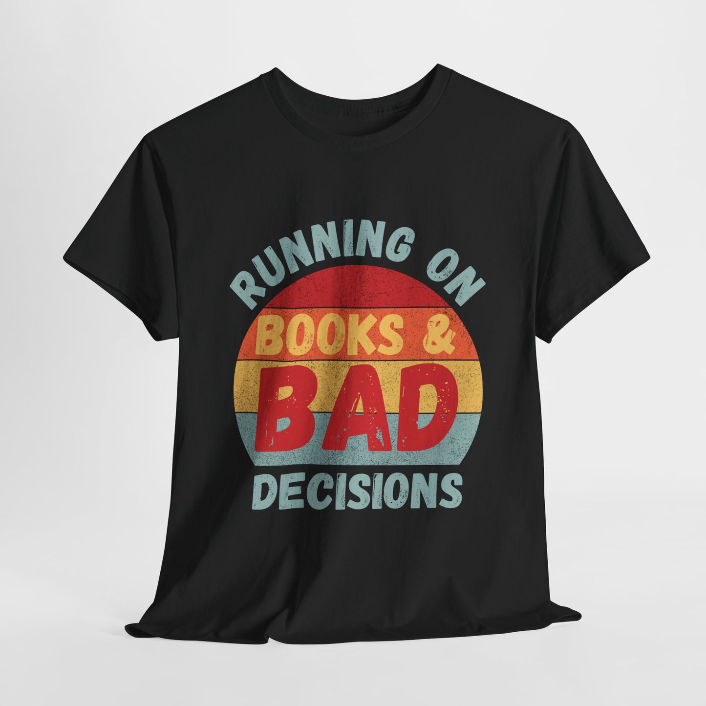 Teen/Adult Unisex Running on Books & Bad Decisions Tee – Funny Retro Reader Shirt for Book Addicts (Curve Edition)