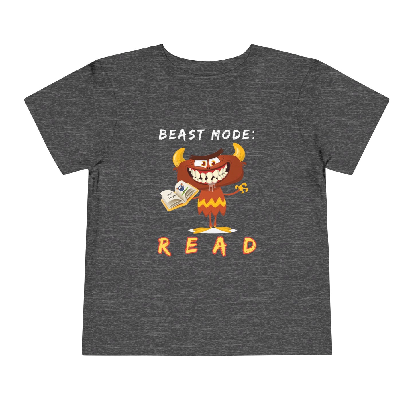 Gray toddler t-shirt with a drooling cartoon monster holding a book and text 'Beast Mode: Read' 