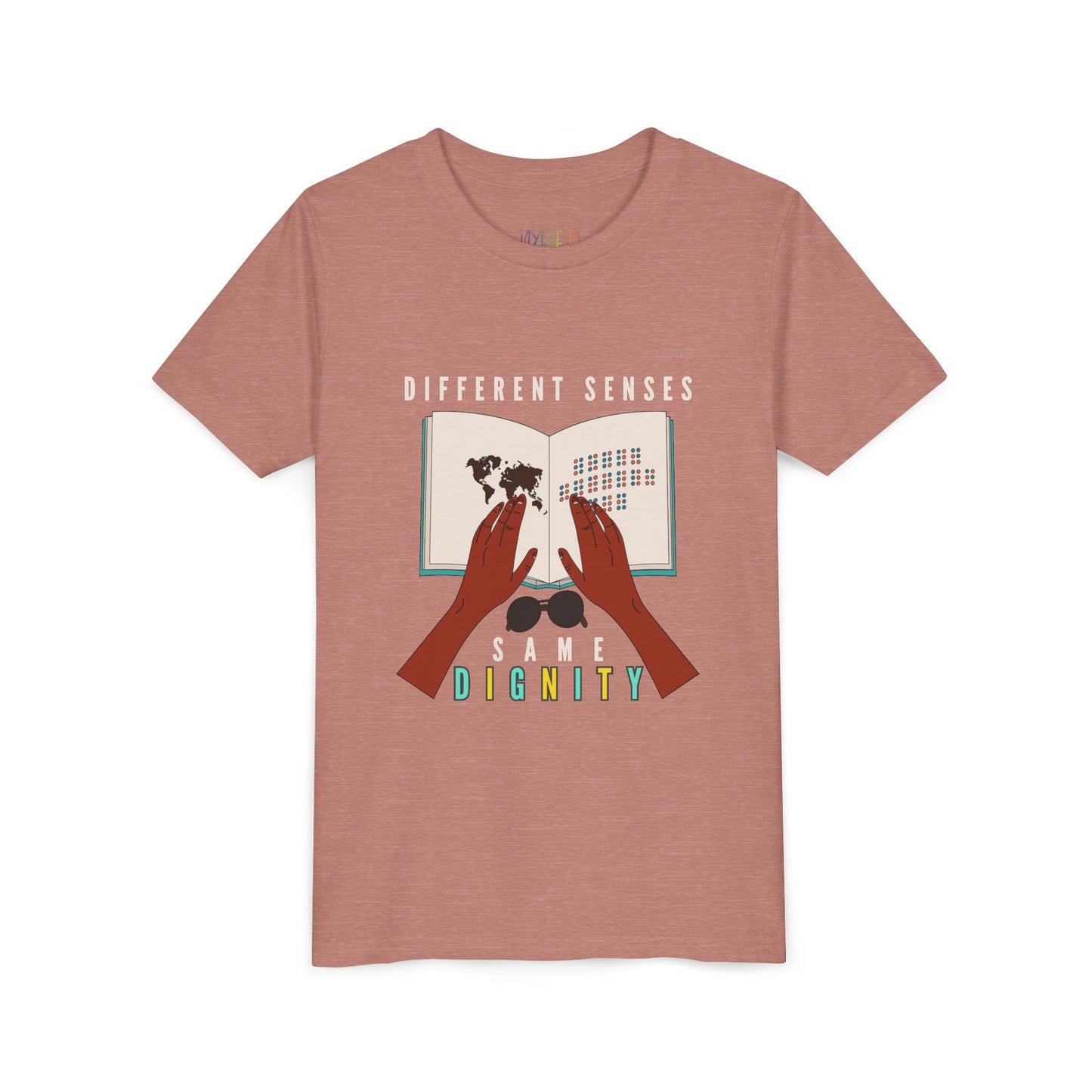Mauve t-shirt with graphic design of hands reading braille and text 'Different Senses Same Dignity' 