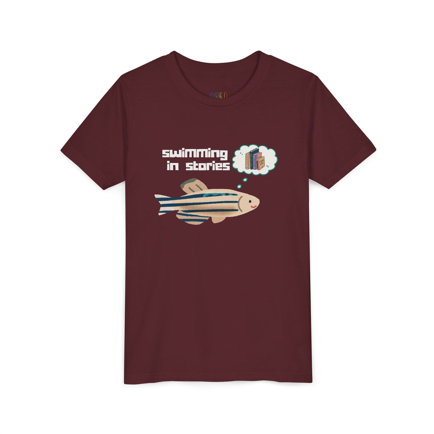 Youth Swimming in Stories Tee – Fun Reading Shirt for Curious Kids. A dreamy design for book-loving adventurers