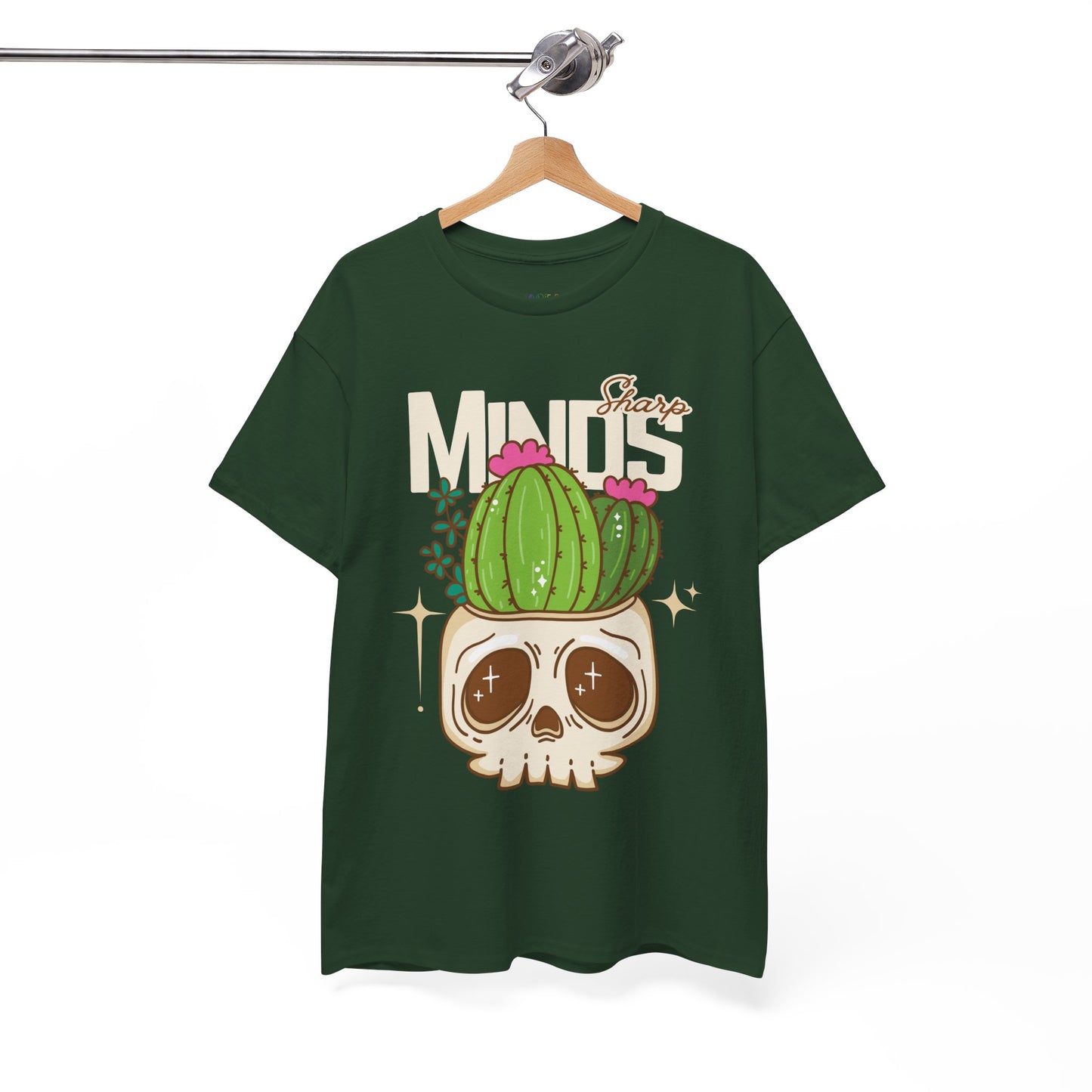 Green t-shirt with an image of a cactus growing out of a skull and text 'Sharp Minds'