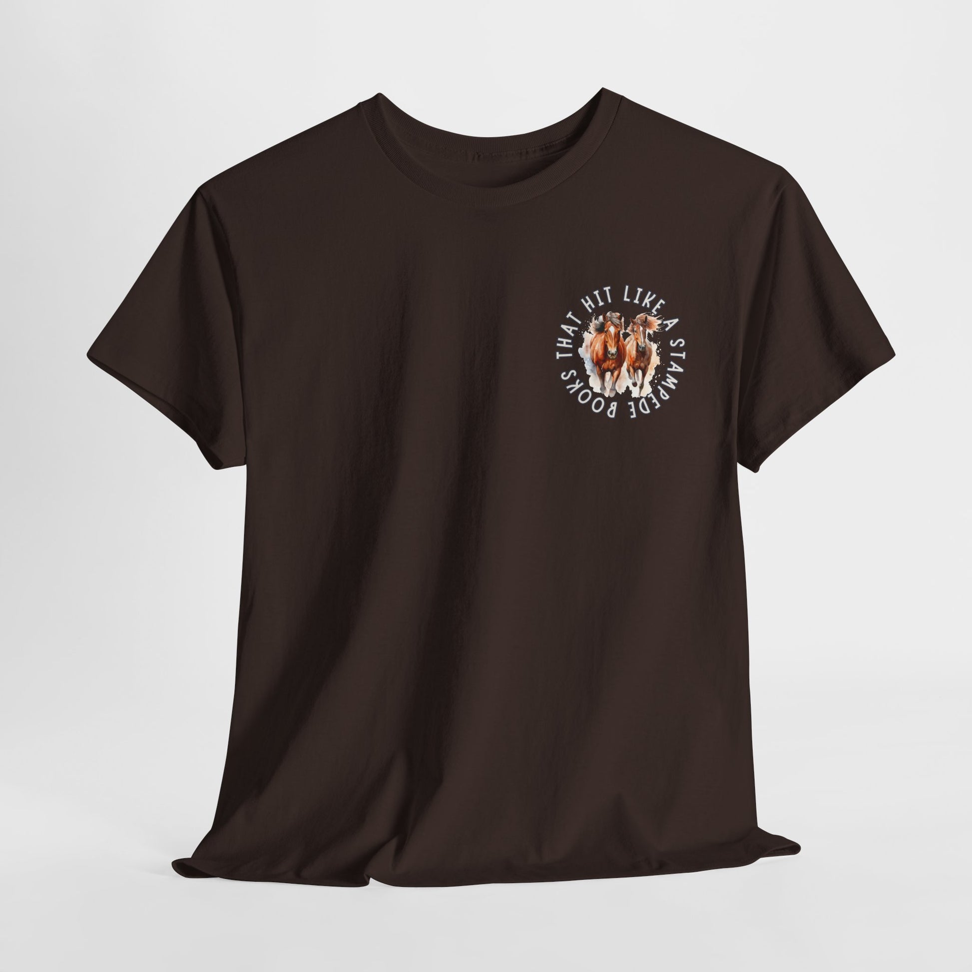 Brown t-shirt with two brown horses running off the shirt, encircled by text 'Books That Hit Like a Stampede'