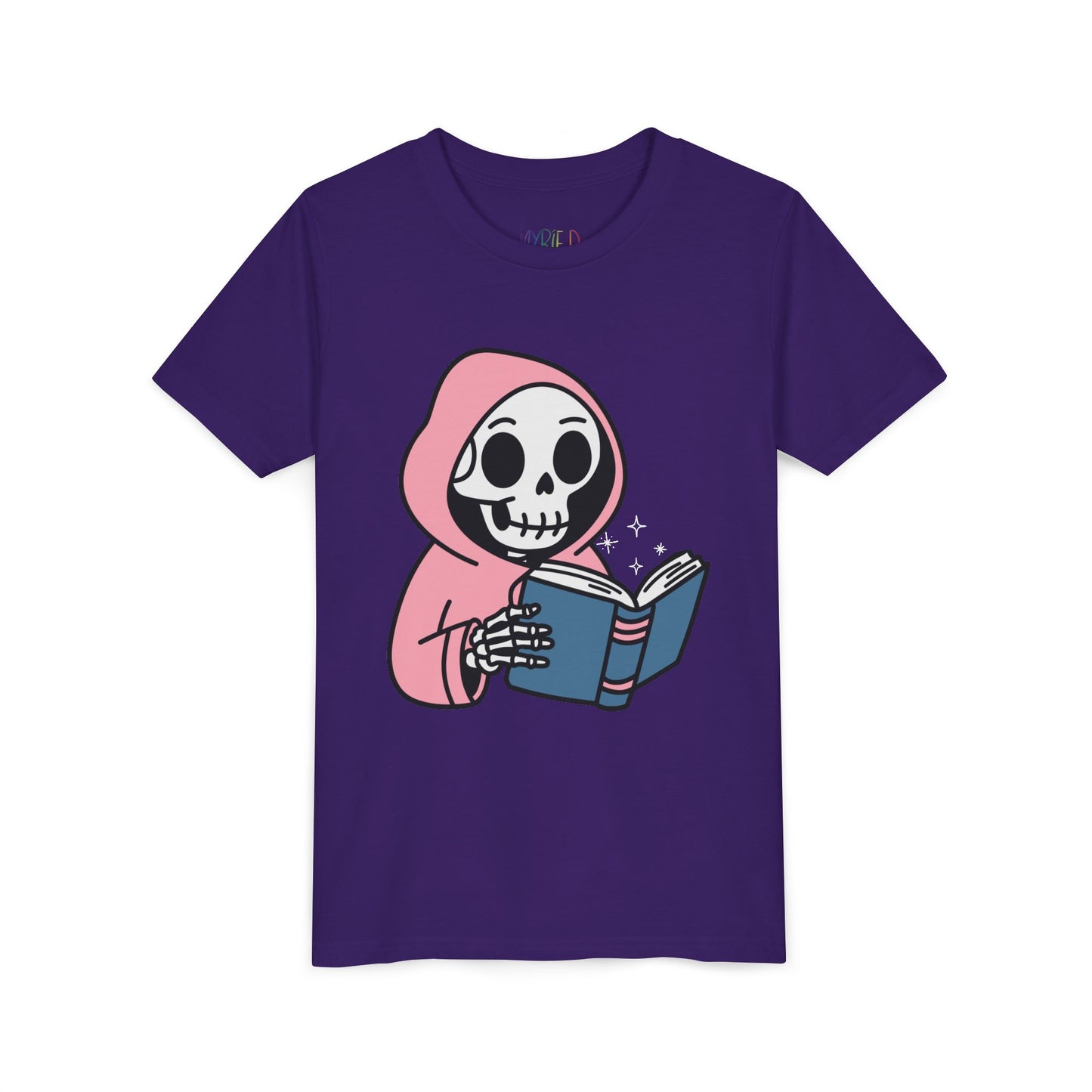 Purple t-shirt with a cartoon skeleton wearing a pink hoodie and reading a book