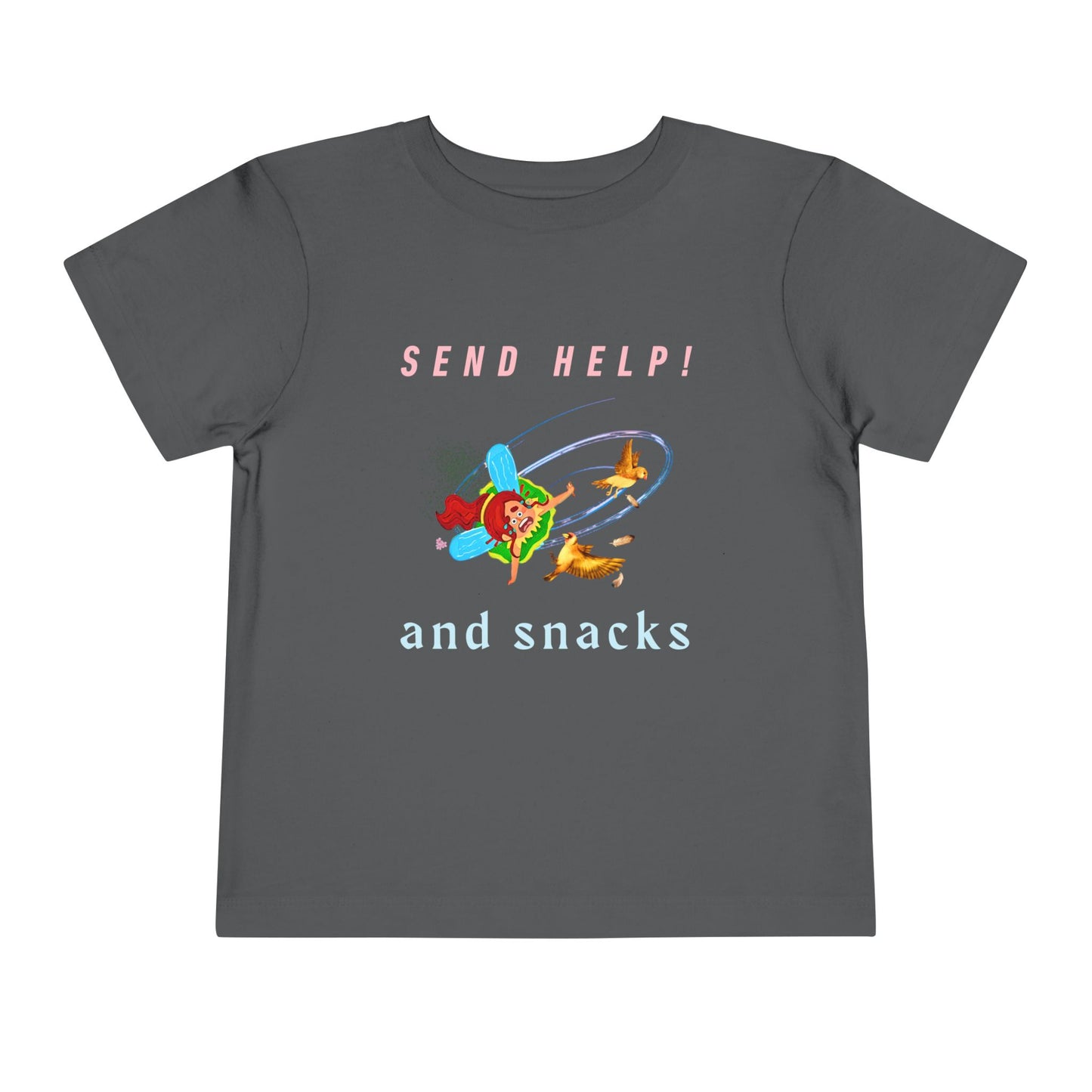 Gray toddler t-shirt with a cartoon fairy colliding into birds mid-air and text 'Send Help! and snacks'