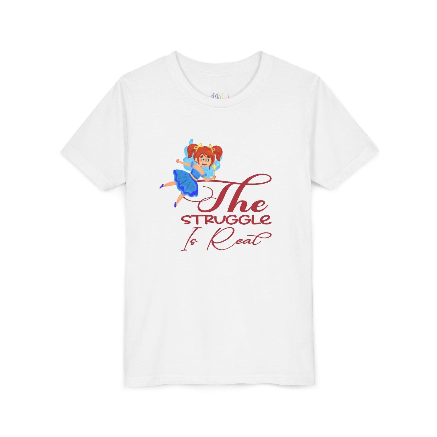 White t-shirt with cartoon fairy and 'The Struggle Is Real' text 