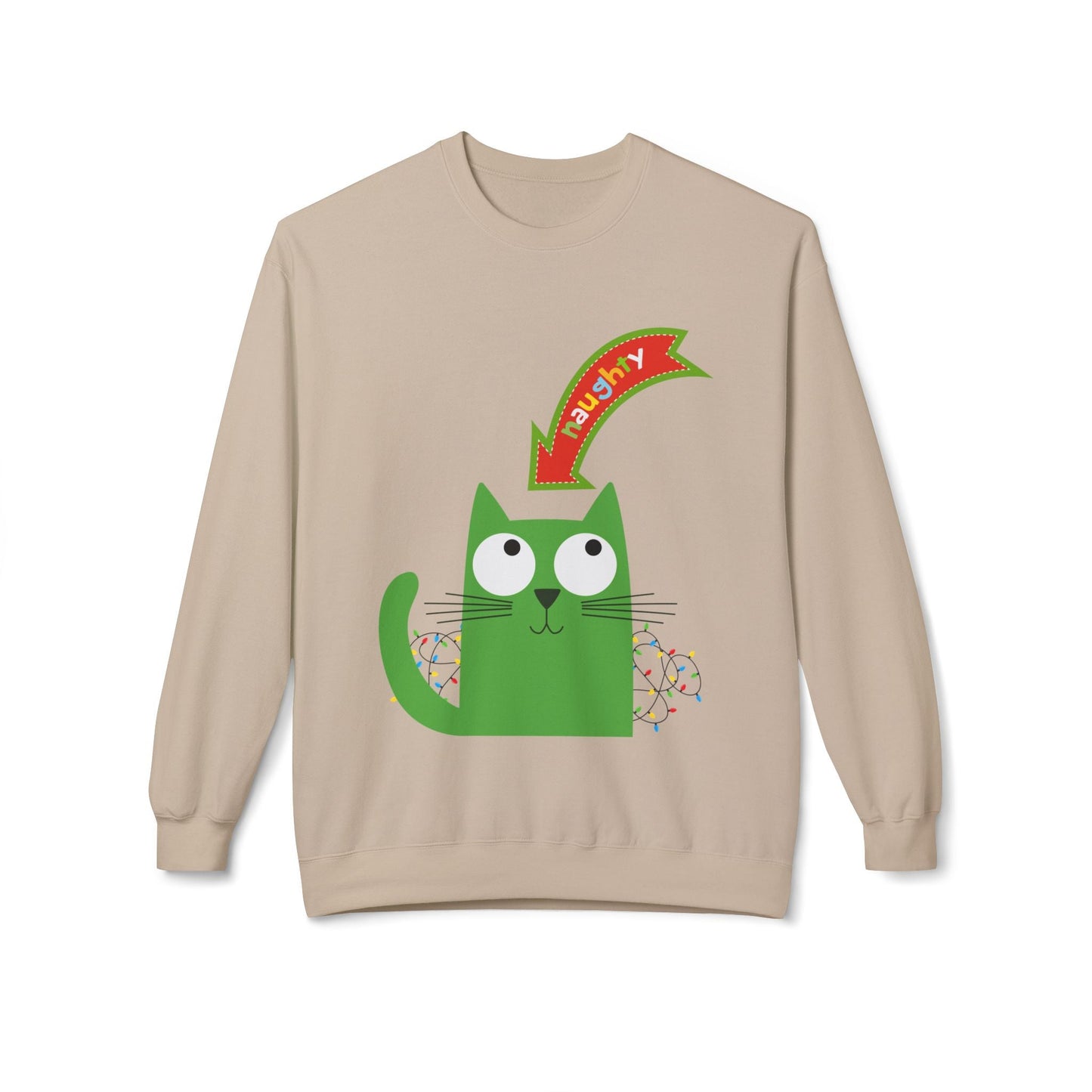 Teen/Adult Unisex Naughty Cat Sweatshirt â€“ Green Cat Holiday Humor Design Printify