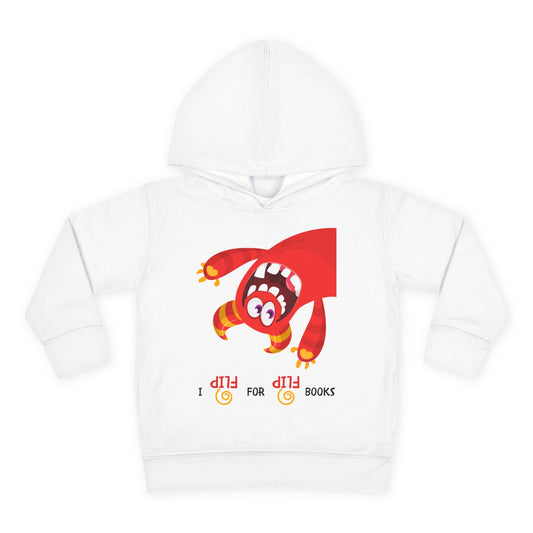 White hoodie with an upside down red cartoon monster character and text "I Flip for FLIP Books"