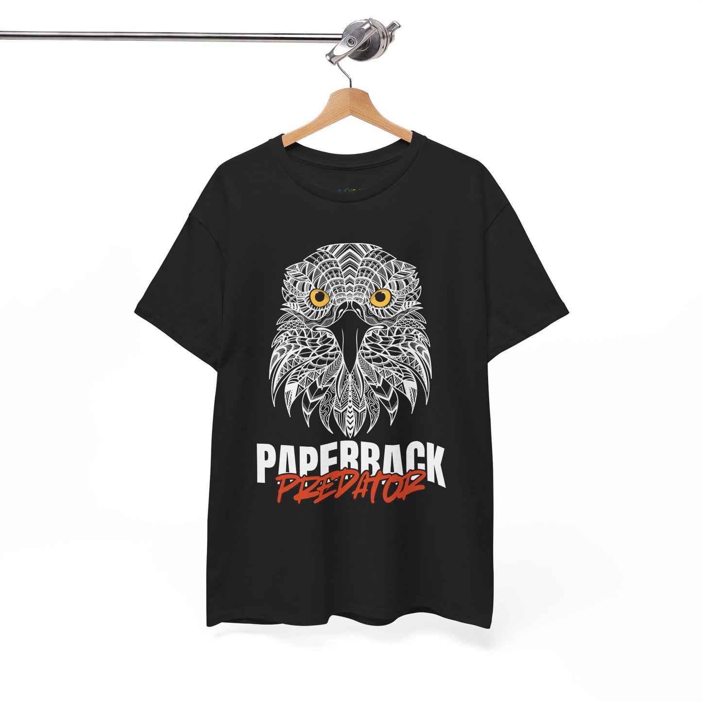 Black t-shirt with a yellow eyed hawk and text 'PAPERBACK PREDATOR' 