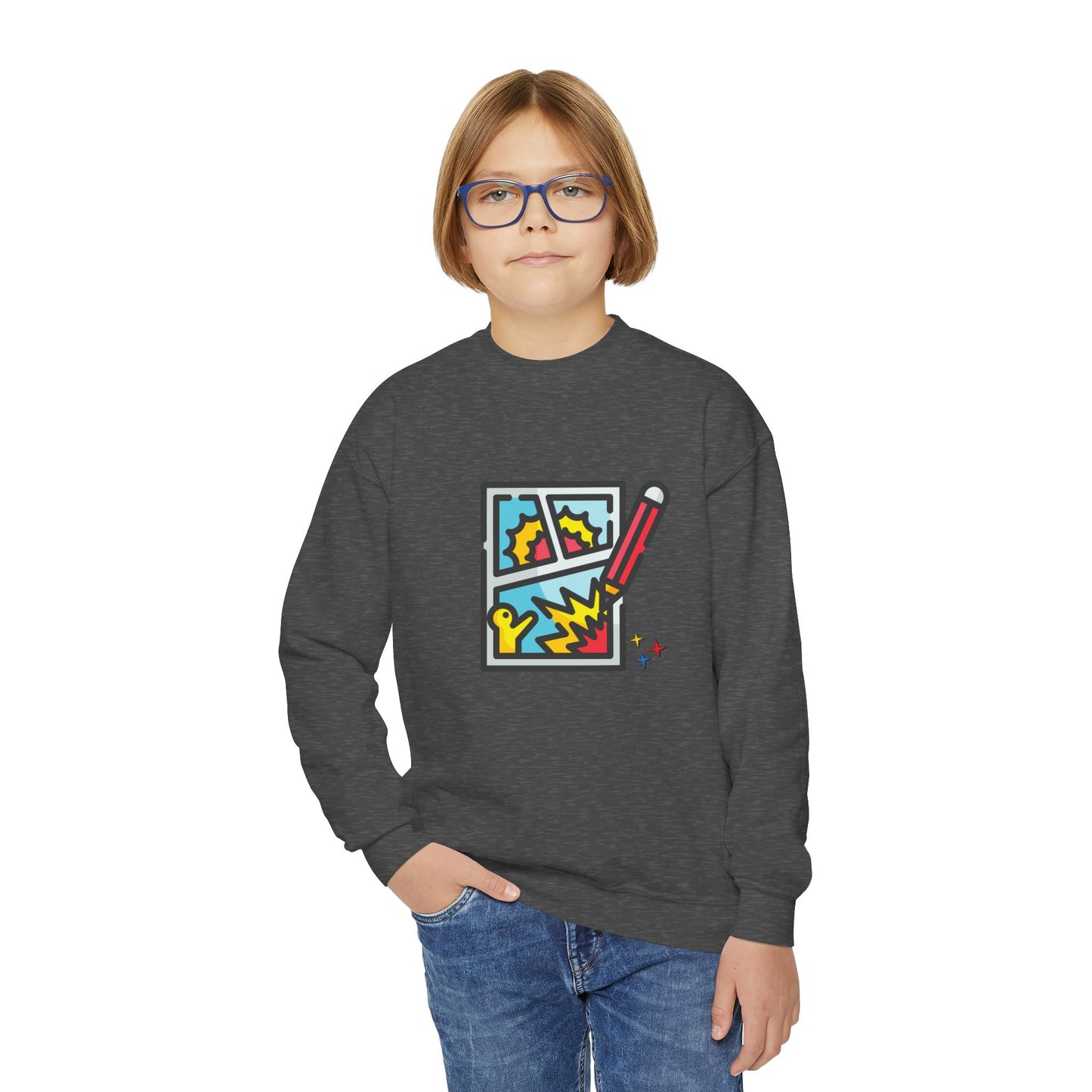 Boy wearing a dark gray sweatshirt with colorful comic book graphic drawing and pencil