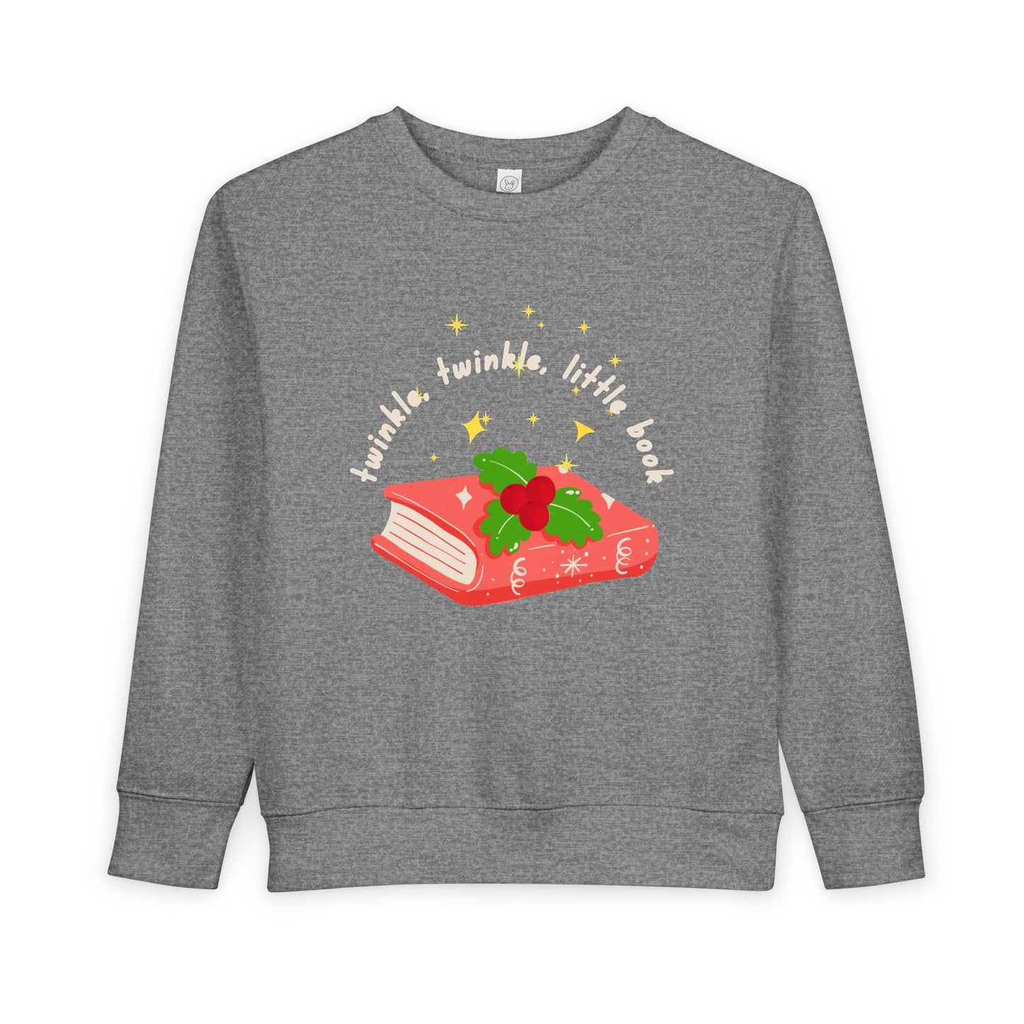 Gray toddler sweatshirt with a red book graphic and 'twinkle twinkle little book' text on a white background