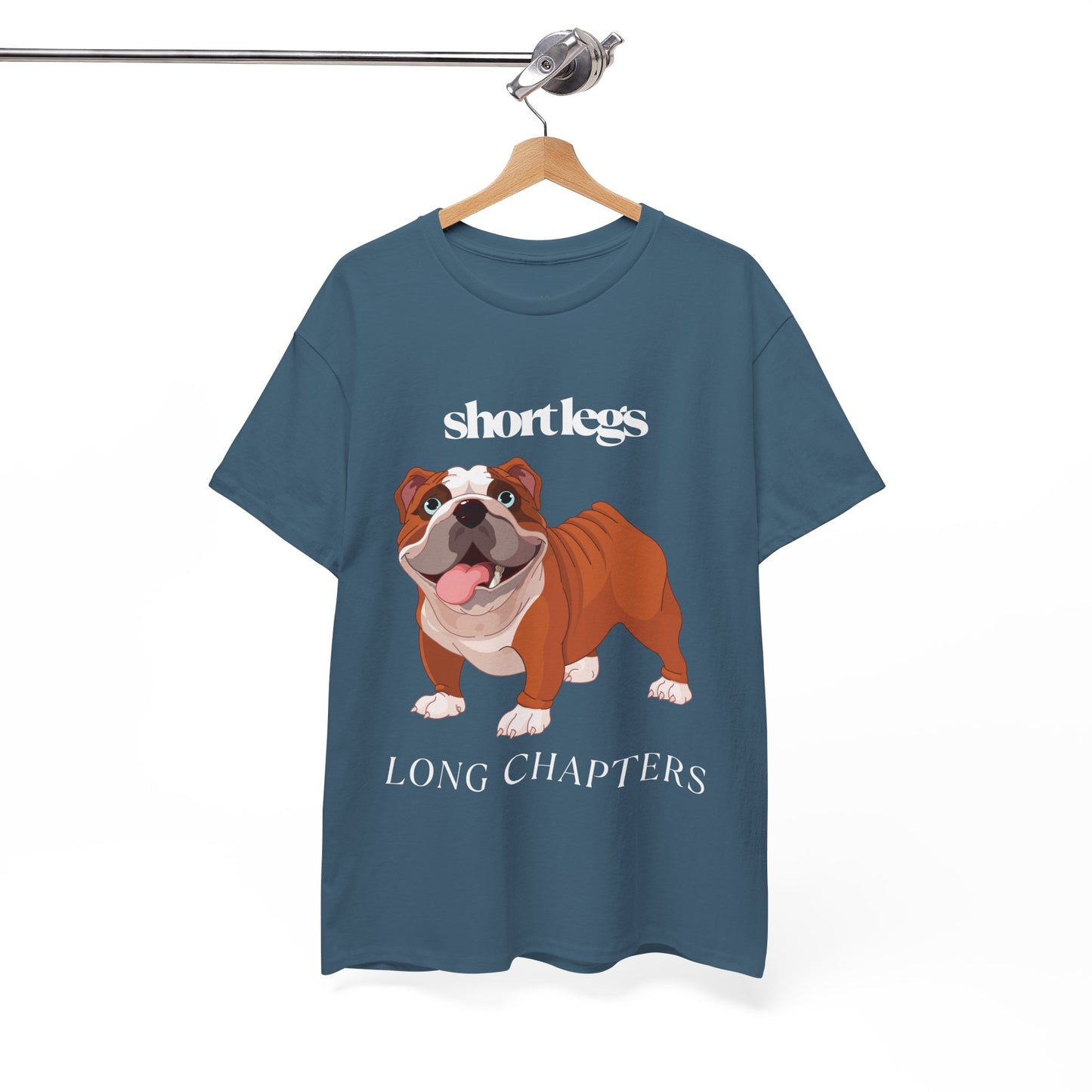 Indigo blue t-shirt with a happy bulldog and text 'Short Lets, Long Chapters'