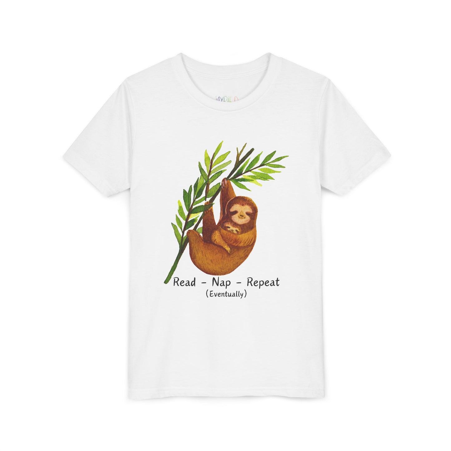 White sloth t-shirt with a and text 'Read. Nap. Repeat. (Eventually)'