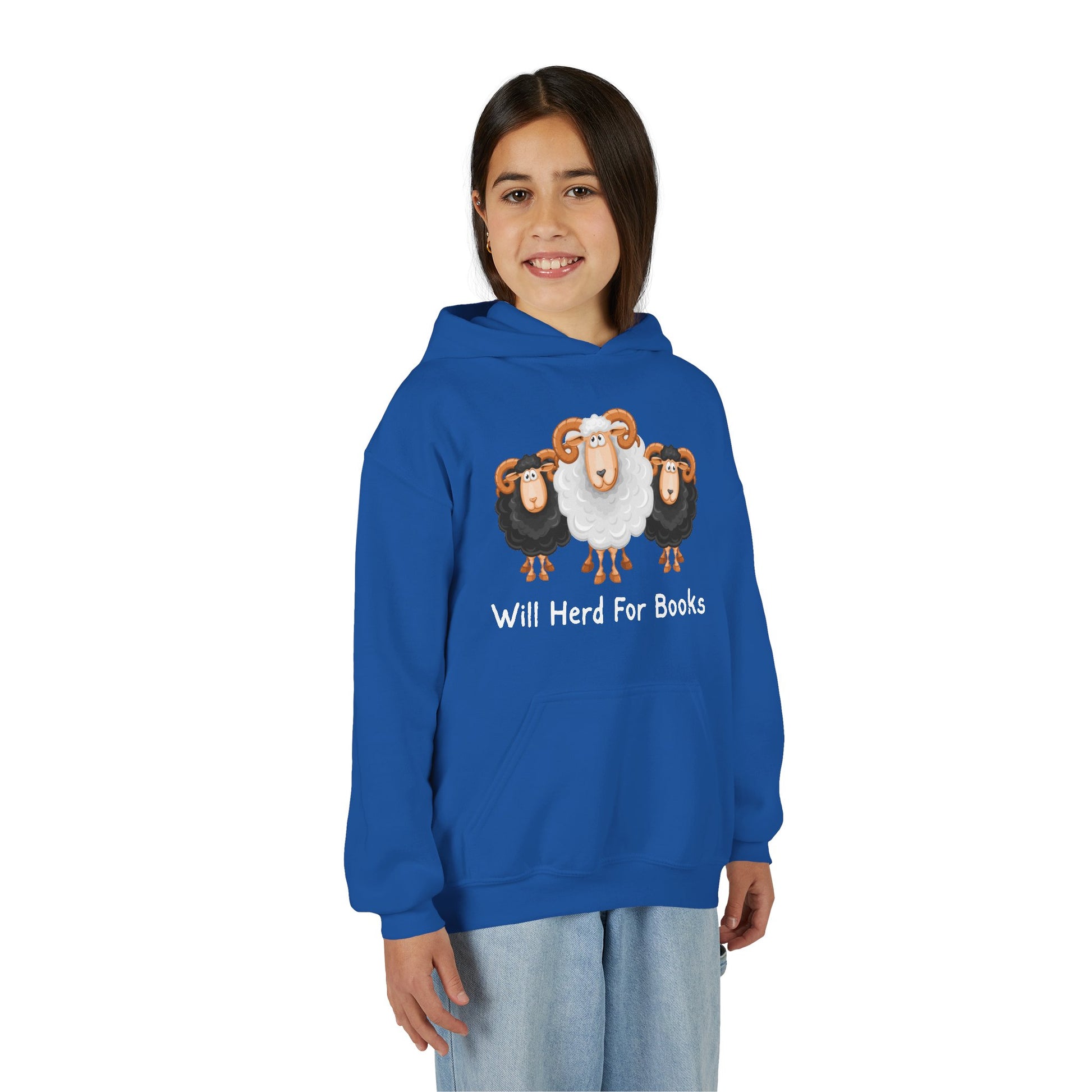 Girl wearing a blue hoodie with cartoon sheep looking sheepish and text 'Will Herd For Books' 