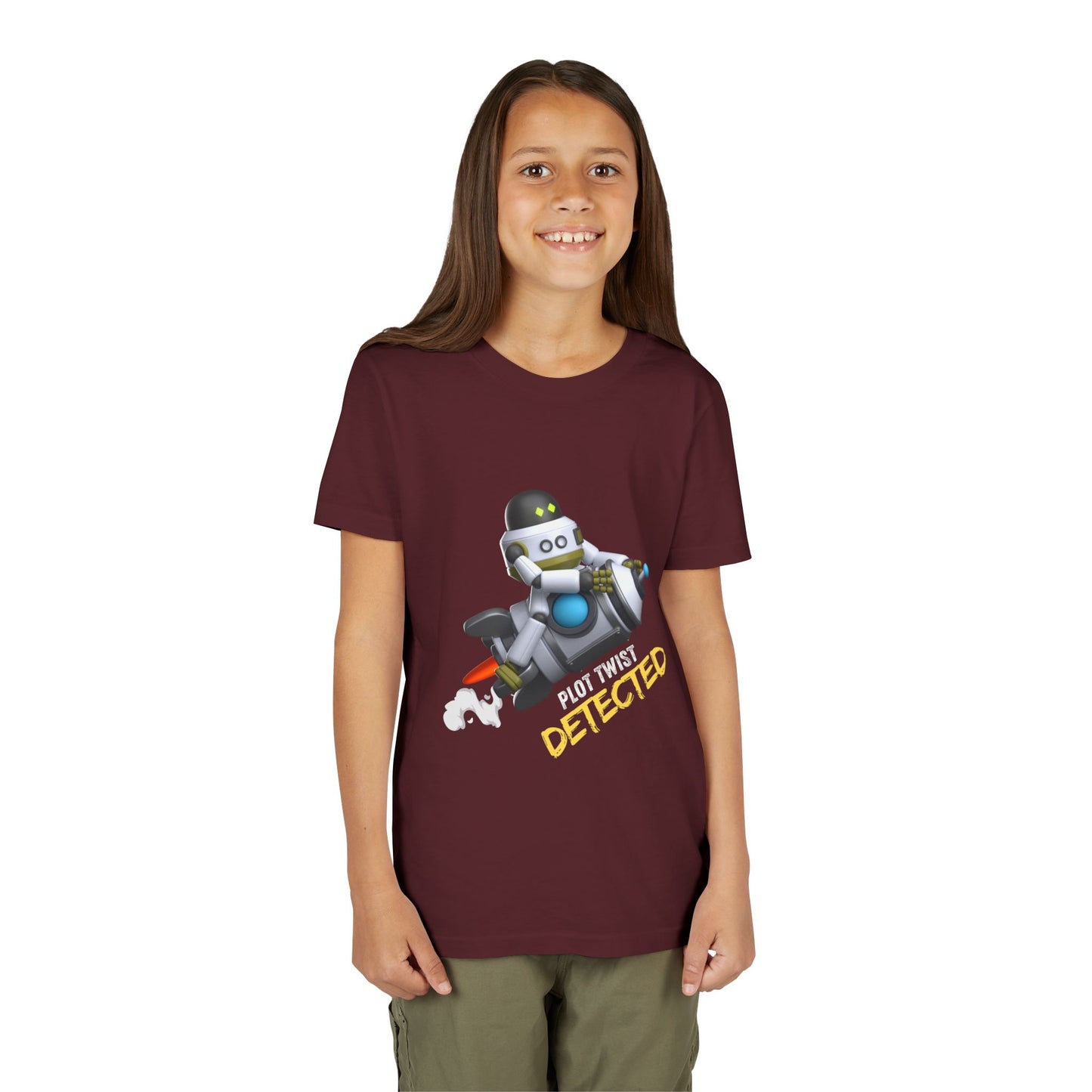 Girl wearing a maroon t-shirt with robot riding a rocket and text 'Plot Twist Detected' 