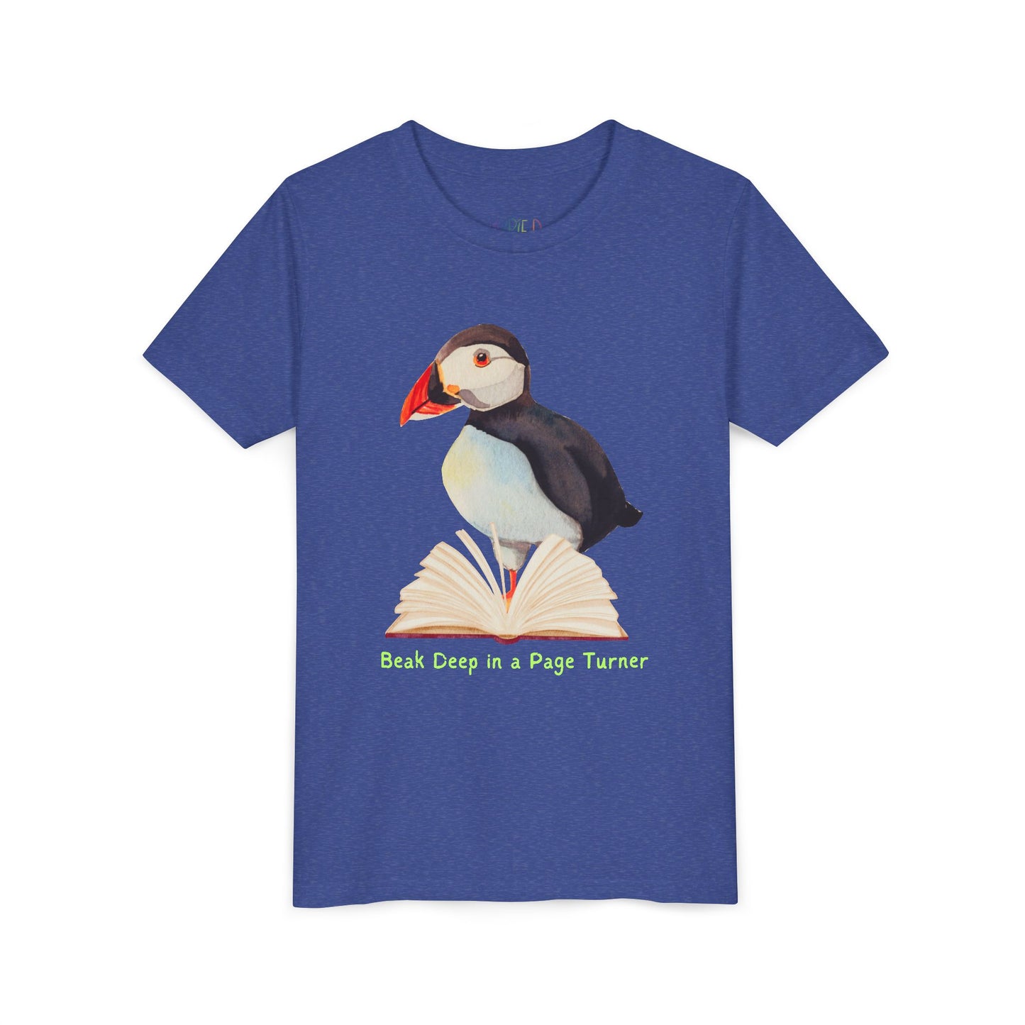 Blue t-shirt with a puffin, open book and text 'Beak Deep in a Page Turn' 