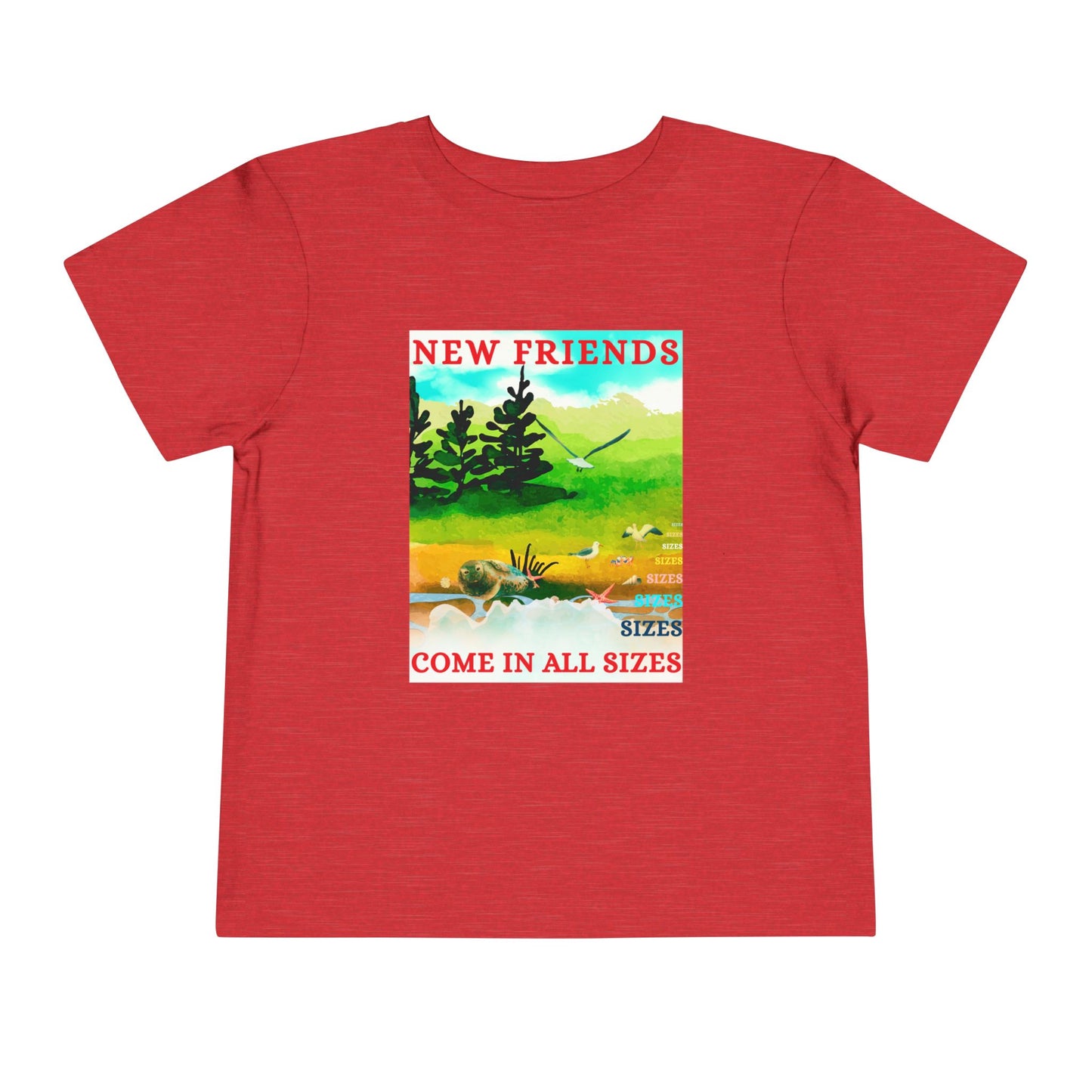 Red toddler t-shirt with a colorful nature beach scene and text 'New Friends Come in All Sizes'