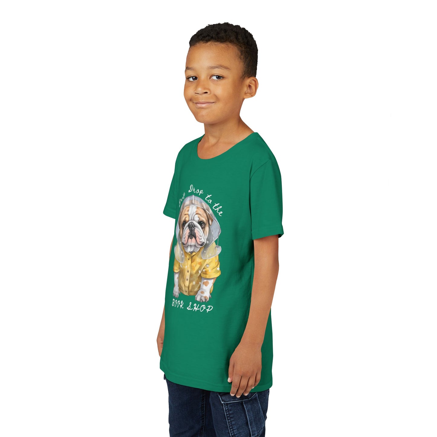 Boy wearing a green t-shirt with a bull dog in a rain coat and text 'Drip Drop to the Book Shop'