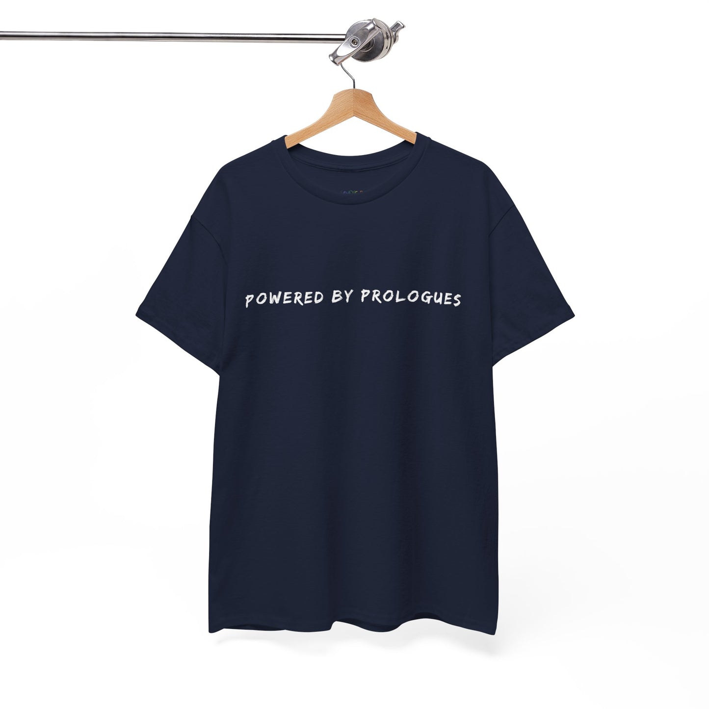 Navy blue t-shirt with 'POWERED BY PROLOGUES' text 