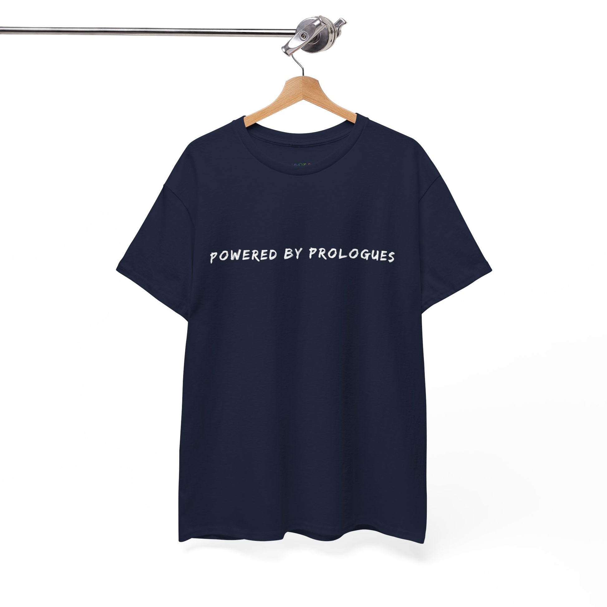 Navy blue t-shirt with 'POWERED BY PROLOGUES' text 