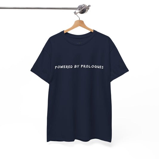 Navy blue t-shirt with 'POWERED BY PROLOGUES' text 