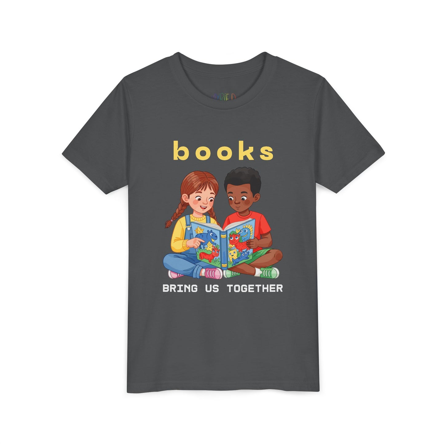 Gray t-shirt with illustration of two children reading a book and text 'books bring us together'