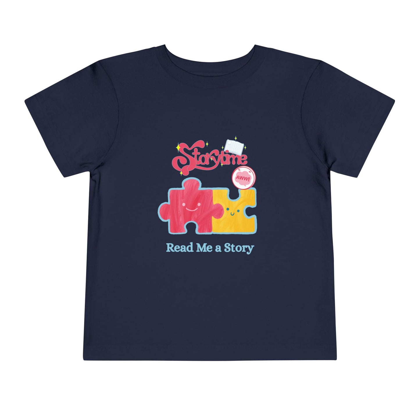 Navy blue toddler t-shirt with colorful puzzle pieces and 'Read Me A Story' text 