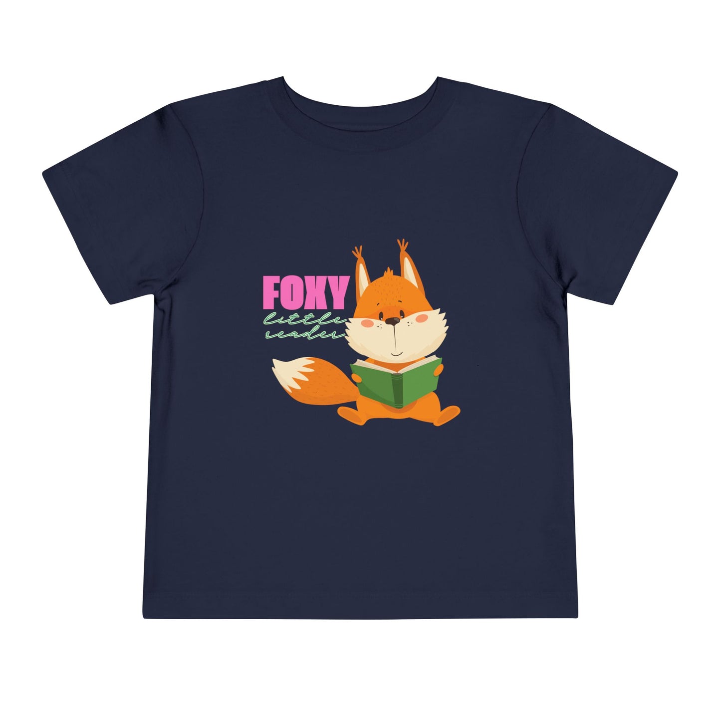 Navy blue toddler t-shirt with a fox reading a book graphic and 'Foxy Little Reader' text 