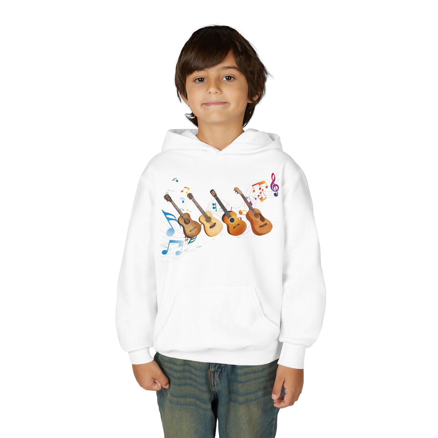 Boy wearing a white hoodie with a row of guitars and swirling music notes 